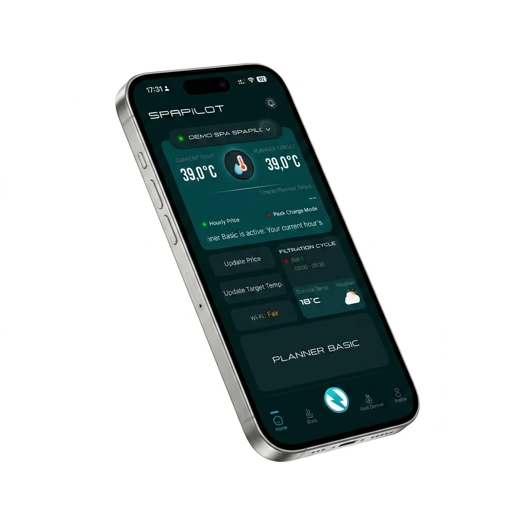 The Spapilot app home screen: current water temperature, planner target, the hour's price, and the day's heating plan.