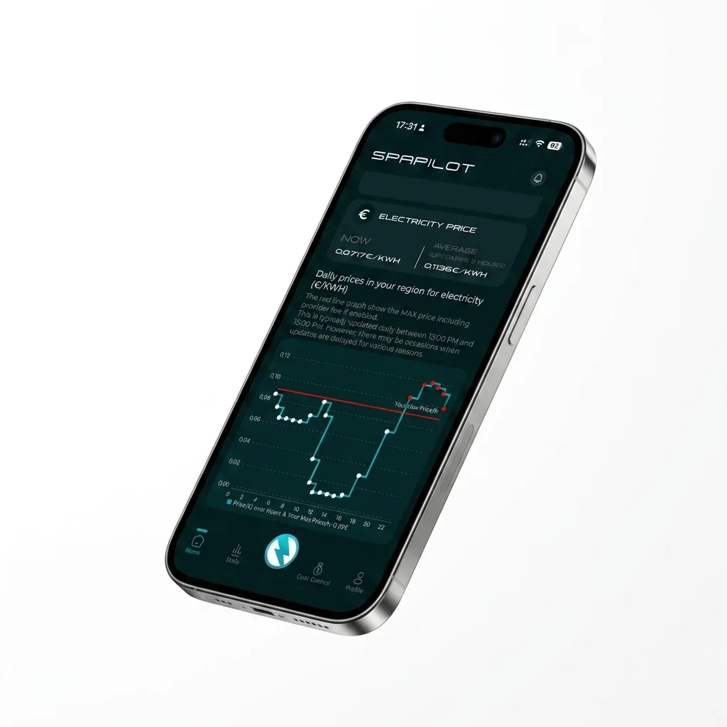 The Spapilot app electricity-price screen: the day's prices per kWh in your region, with the current price, the average, and your maximum-price line.