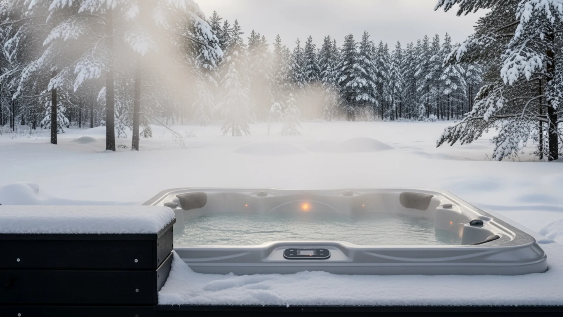 A spa steaming in a sunlit, snow-covered Nordic forest clearing.