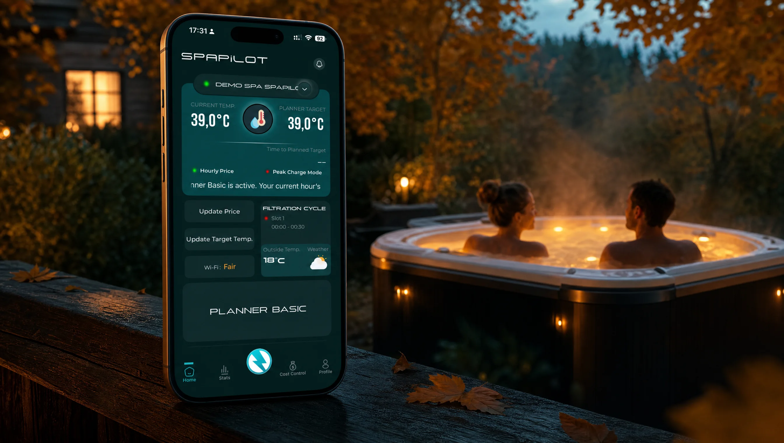 A couple relaxing in a warm, steaming spa at dusk, lit by candlelight in an autumn garden.